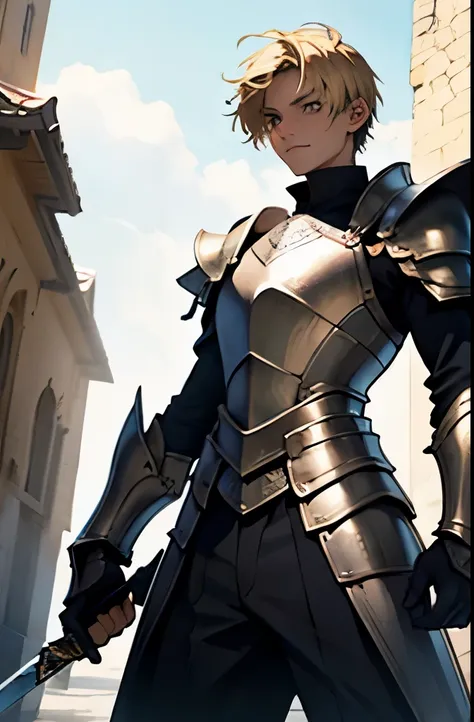 a 17 year old teen called darian ,blond short hair, silver eyes, light armor , wielding two handed a sword