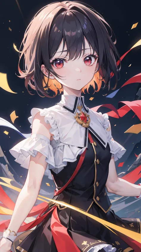 ((masterpiece)), (highest quality),, official art, very detailed CG Unity 8k 壁紙, very detailed, shiny skin, Depth of the bounds written, Bright colors,, 1 girl, (winding:0.4), (whole body:0.6),, short hair, bangs, red eyes, skirt, looking at the viewer, ni...