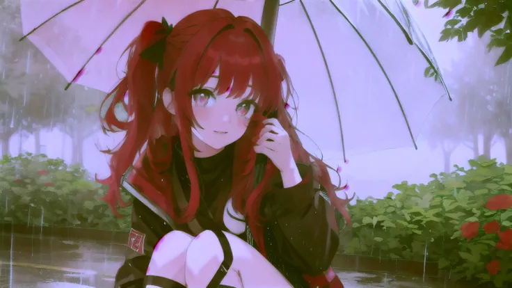 Make an avatar for me. Young woman, red-haired, the eyes are white and the pupils are heart-shaped, bright red pupils, sitting with an umbrella in the rain with slightly rosy cheeks. Sad almost to tears 8k NSFW