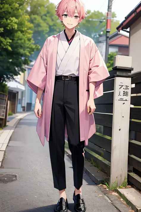 boy , 17-year-old Japanese teenager , member of the idol group I-(CG) , short pink hair, pink eyes, fair skin, 177cm tall and wears Kimono and black pants paired with loafers, smile