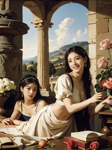 Giorgione painting style,Arguments of two female Philosophe,math、astronomical machine、astronaut、roses in vase、fruits、Cute trinkets、smile、ancient greek costume、Ancient Roman landscape in the style of Nicolas Poussin,laughter,,Sweet and seductive appearance....