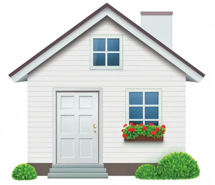 a white house with a window and a flower box on the front, house illustration, house on background, house and home, house background, cottage, rounded house and cute character, profile image, drawn image, suburban home, houses with faces, a digital renderi...