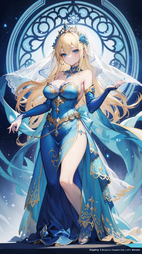 Blonde woman in a blue dress with a veil and a veil on her head, beautiful fantasy maiden, detailed fantasy art, beautiful fantasy art, blonde hair princess, art station artgerm on pixiv, beautiful maiden, ((beautiful fantasy empress)), 2. 5d cgi anime fan...