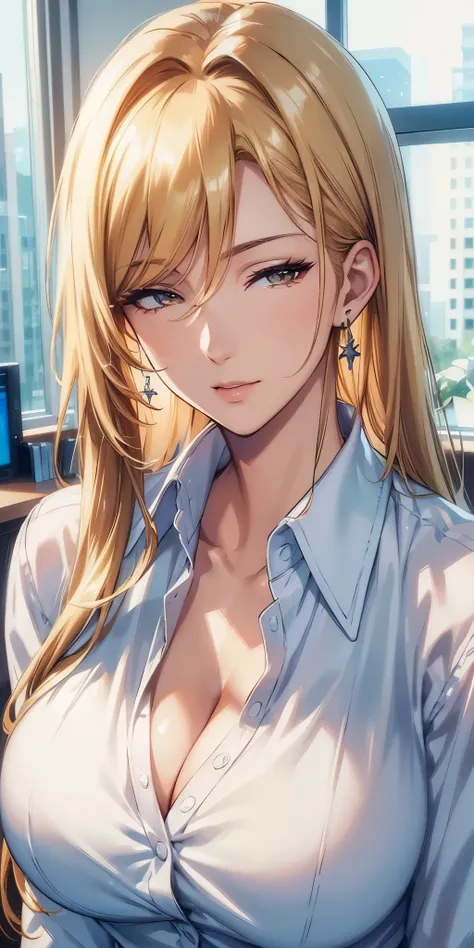 (best quality, highres), close-up portrait, elegant woman, long straight hair, swept-side bang, [[[brown hair]]], blonde hair, brown eyes, broad shoulders , office shirt, big breast, cleavage, office window, ultra detailed cg,