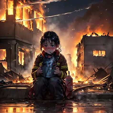 ((A  sitting in the street feeling cold crying, teary hinged eyes, sadness cute face 🥺 )), the background of ((a burnt flat ruined and an ambulance, p((olice people turning to extinguish the fire with water buckets, night, police lights, smoke outside the ...