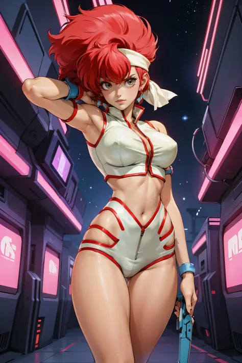 Kei from The Dirty Pair, , wearing a tight outfit, frame, legs, medium breast, red hair beauty, cyberpunk city background, holding retro space-gun, headband, slim waist, slim thighs, thigh gap