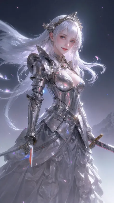 masterpiece, kawaii, Japanese cartoons, Cute, Aesthetic, extremely beautiful,
1 girl, alone, Permanently installed, (holding sword:1.5), Front view, looking at the audience, from below, close up,
silver hair, straight hair, long hair, blunt bangs, red eyes...