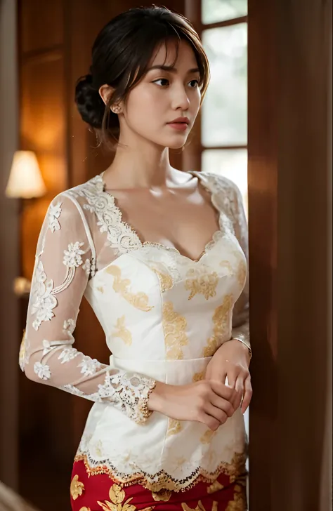 araffe woman in a white and gold dress standing by a door, dressed in white intricate lace, delicate detailing golden stroke, intricate details. front on, intricate and elegant, intricate detailing, close up details, exquisite and smooth detail, wearing st...