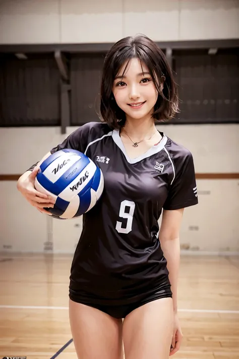 feminine、1 Lady Solo, /(volleyball uniform/), /(dark brown hair/) , A light smile with blushing cheeks, (A masterpiece of the highest quality:1.2) Super detailed and delicate illustrations, BREAK /(Indoor volleyball court/)、short hair