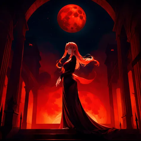 Woman wearing a bright red maxi dress stands in front of the full moon, red moon huge cyan magic circle, dark fantasy style art, Beautiful and elegant vampire queen, Beautiful flowing white hair , praise the 血月,Raise your right hand to cast magic,