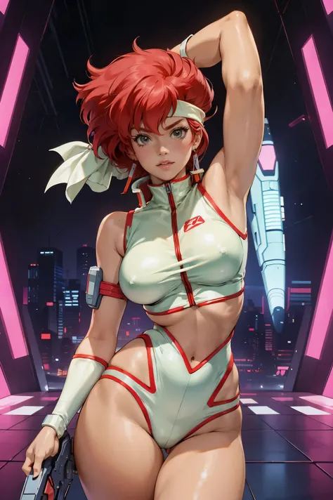 Kei from The Dirty Pair, , wearing a tight outfit, frame, legs, medium breast, red hair beauty, cyberpunk city background, holding retro space-gun, headband, slim waist, slim thighs, thigh gap