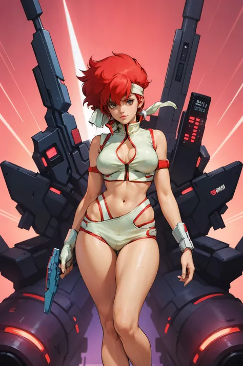 Kei from The Dirty Pair, , wearing a tight outfit, frame, legs, medium breast, red hair beauty, cyberpunk city background, holding retro space-gun, headband, slim waist, slim thighs, thigh gap