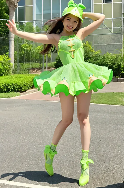 Cute fairy of a beautiful girl wearing a count&#39;s head&#39;The flesh is green、A melon with a fine mesh pattern on the skin.、Full body pose wearing an earl&#39;s dress&#39;A melon design that jumps with a cheerful smile。The beautiful girl fairy that is g...