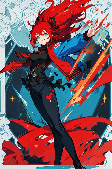 ４K wallpaper、（highest quality）(flat color：0.9)、figure、（colorful background）、Super detailed、masterpiece、Neon Art、1 girl、smile、fine eyes、semi-long、Red hair、black clothes、red open jacket、arms outstretched、Black skinny jeans、Blue ribbon、big breasts、leaning for...