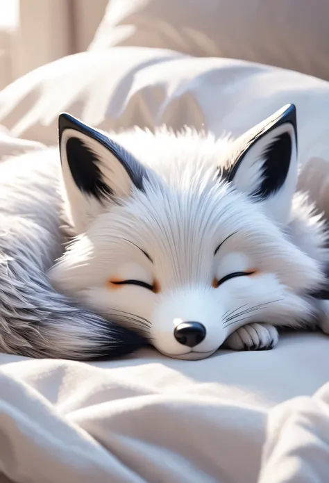 Create a cute anime style small silver fox sleeping