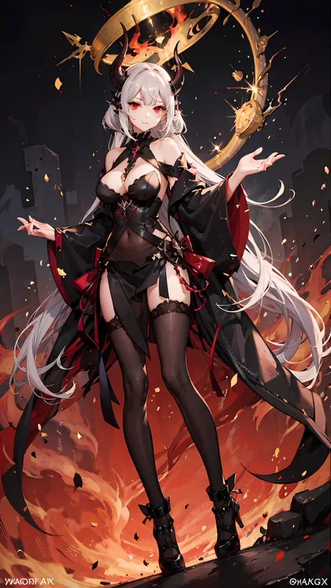 ((best quality)), ((masterpiece)), (detailed), perfect face a beautiful young woman that has big demon wings and demonic horns on her head. Her hair is long, straight and black and her eyes shine in the color of black and red being mixed in them. She is we...