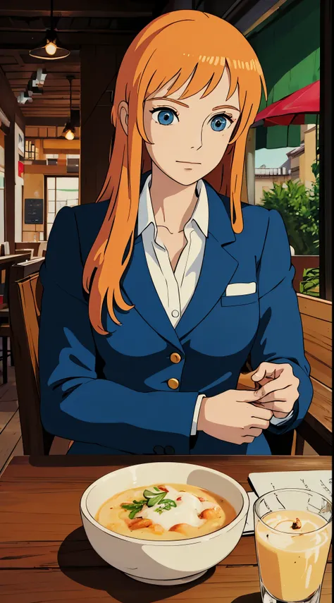 Nami, in cafe, blazer, perfect eyes, perfect face.