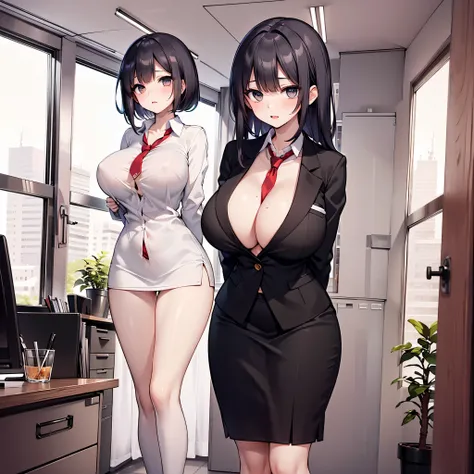 (solo 1 very skinny office lady standing in office:1.3), (swaying back), standing exactly, (arms behind back), (black business suits:1.3), (black blazer with closing chest:1.3), (white dress shirts under blazer), (bursting gigantic huge breasts:1.2), neckt...