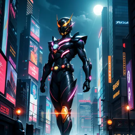 In the heart of a bustling metropolis, where the sun sets behind towering, futuristic structures, the legend of Kamen Rider Kuuga unfolds. The city skyline is a breathtaking canvas, adorned with illuminated skyscrapers that pulse with neon lights, casting ...