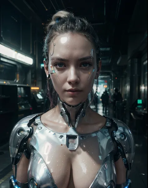 cinematic colorgrading film, dramatic scene, photography, RAW, Masterpiece, ultra wide angle, walking on the cyberpunk cityscapes, Ultra Fine Photo, (cyborg arms:1.3), big breast, Best Quality, Ultra High Resolution, Photorealistic, volumetric light, Stunn...