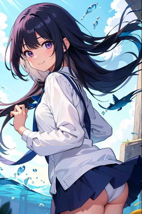 aquarium　School of fish fills the screen　elementary school girl　8-year-old　flat chest　black hair　long hair　eyes are purple　smile（（1 person））　Upper body white long sleeve blouse　Lower body navy blue miniskirt　white panties　leather shoes　aquariumの通路にしゃがんでいる　...