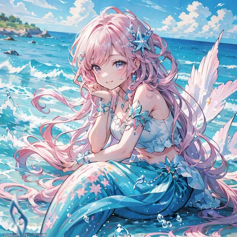 (exquisite, beautiful, hyper detailed, masterpiece, high quality, absurdres, highres, Full-HD, 16K), (woman,mermaid),((happy, delightful, smiling, laughing:1.3)), (bob, wave hair, pink hair), purple eyes, ((sing a song:1.5)),big eyes, fair skin, slim,( sof...