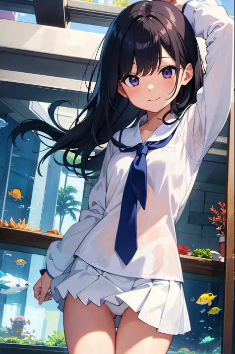 aquarium　School of fish fills the screen　elementary school girl　8-year-old　flat chest　black hair　long hair　eyes are purple　smile（（1 person））　Upper body white long sleeve blouse　Lower body navy blue miniskirt　white panties　leather shoes　aquariumの通路にしゃがんでいる　...