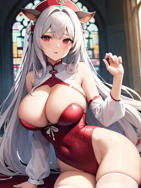 highest quality　High resolution　one young beautiful woman　red eyes　beautiful white hair　medium perm　cute soft girl　Cat ear　Seductive naked cow pattern underwear　church　nun cowgirl cosplay　magic monastery robe　breastfeeding service　The huge breasts of a vir...