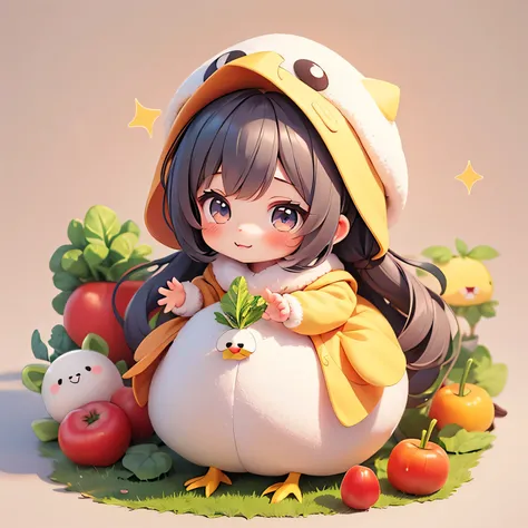 Character watering vegetables., cartoon girl in a chicken costume with a hat and a hand,  kawaii cutest sticker ever, cute digital art, chibi girl, cute anime style, cute detailed digital art, anime chibi, cute anime girl, chibi anime girl, ruan cute vtube...