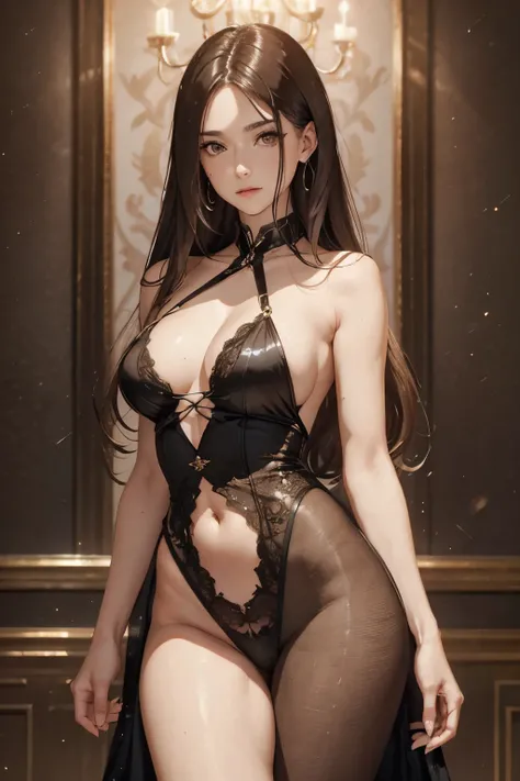 A glamorous girl in a luxurious home outfit a full-length, ​masterpiece, top-quality, realisitic, ultra-detailliert, long brown hair, Brown-eyed, slender, hight resolution, sharp focus, depth of fields, beautiful and slender body