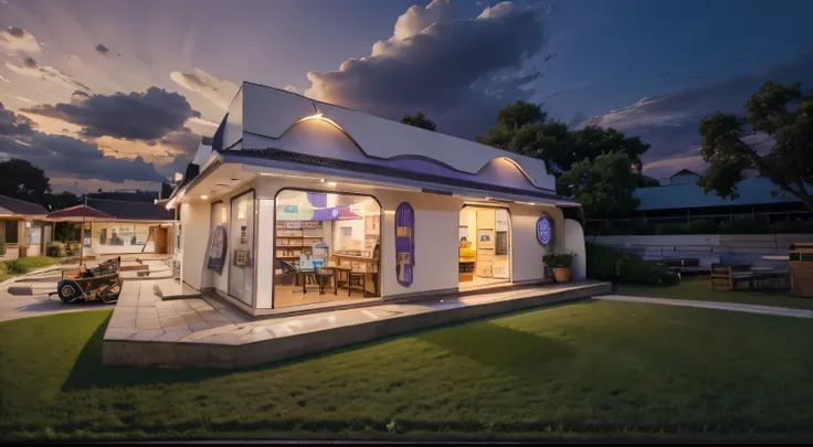 Model of a drug store combined with a cafe, soft curved roof, purple roof mixed with white with wavy embossed patterns, wide angle, magical yellow lighting, combined with green tree perspective,  sidewalk grass