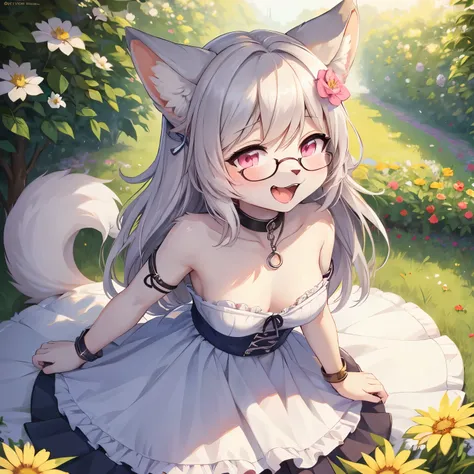 best quality,best resolution,(fluffy anthro furry :1.6),(young :1.6),light grey cat girl,small breasts,pink eyes,glistering eyes,light grey long hair,wavy hair,messy hair,light grey fur,light grey cat ears,white cute ruffles dress with jewelry chain,blue l...