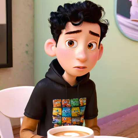 Imagen pixar  un hombre  de piel blanca , con color de ojos cafes , con color de pelo negro , cabello corto , con una camiseta negra y una sudadera negra