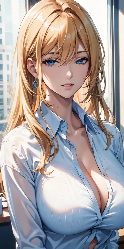 (best quality, highres), close-up portrait, elegant woman, long straight hair, swept-side bang, [[[brown hair]]], blonde hair, high detailed eyes, broad shoulders , office shirt, big breast, cleavage, office window, ultra detailed cg, 