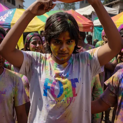 A T-shirt with name Tanmay at the festival of holi and all people playing holi