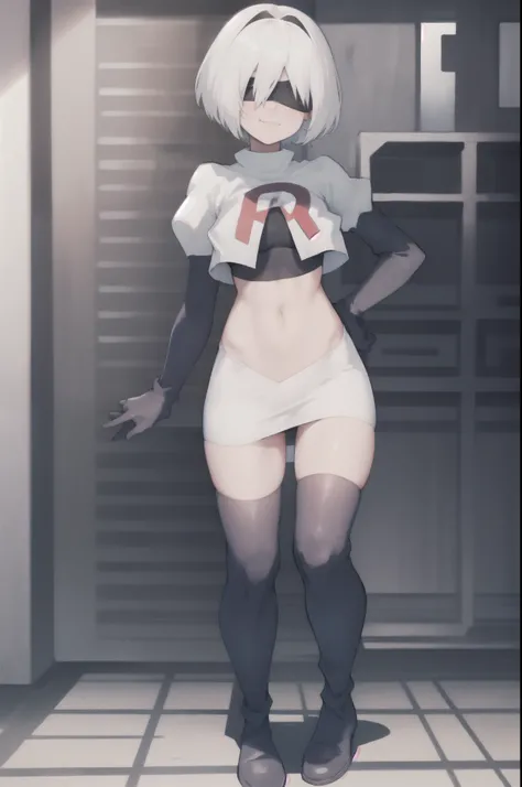 2b, black headband, black blindfold, white hair, short hair, Team rocket, team rocket uniform, red letter R, white skirt,white crop top,black thigh-high boots, black elbow gloves, evil smile, night sky background