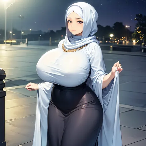 56 Years old, Indonesian mature woman, wearing Wide Hijab, perfect , (natural Gigantic breast : 1.3), gorgeous eyes, Soft smile, wear a Gamis, Tight Gamis, Diamond Necklace, (Breast about to burst Out), Nightime walk, Excellent Soft light, Light Colour.