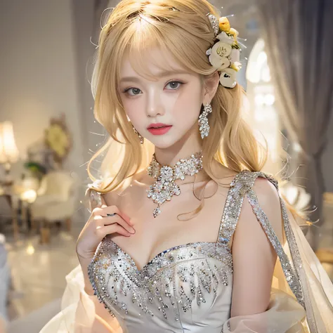 8k）、（best image quality:1.5）、gray background、close up of face、１girl、masterpiece、delicate and sharp eyes、brown eyes、eye power、delicate face、cup、attractive face、platinum blonde hair、Semi-long wave、yellow wedding dresses、yellow wedding dress、I can see the col...