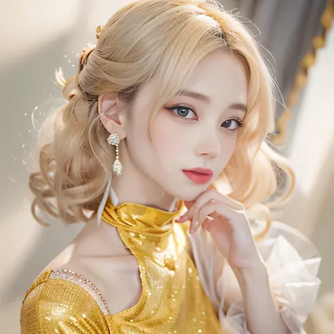 8k）、（best image quality:1.5）、gray background、close up of face、１girl、masterpiece、delicate and sharp eyes、brown eyes、eye power、delicate face、cup、attractive face、platinum blonde hair、Semi-long wave、yellow wedding dresses、yellow wedding dress、I can see the col...