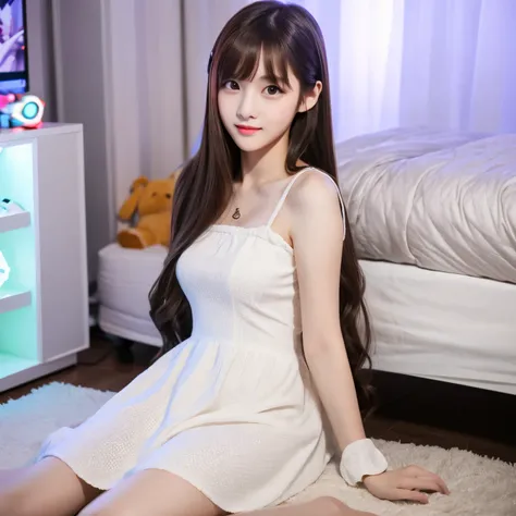 a real beautiful long dark brown hair girl wearing cute dress in white gamer bedroom RGB white computer. cover face with phone.