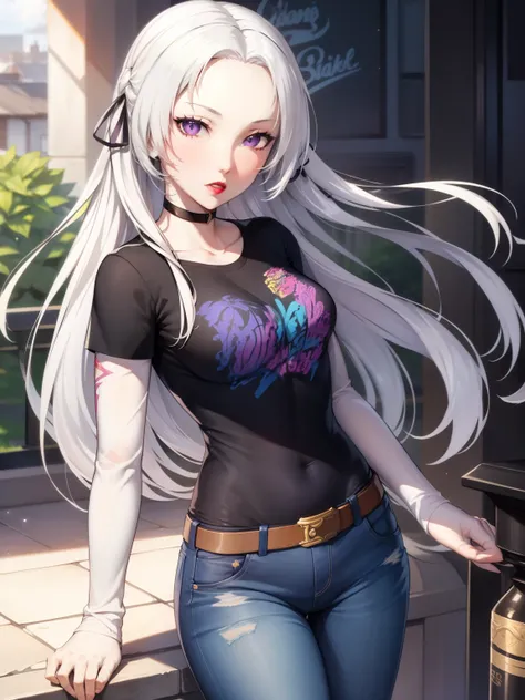 edelgard_academy, hair ribbon, long hair, white hair, purple eyes, glossy lips , 1girl, solo, standing, black t-shirt, white shi...