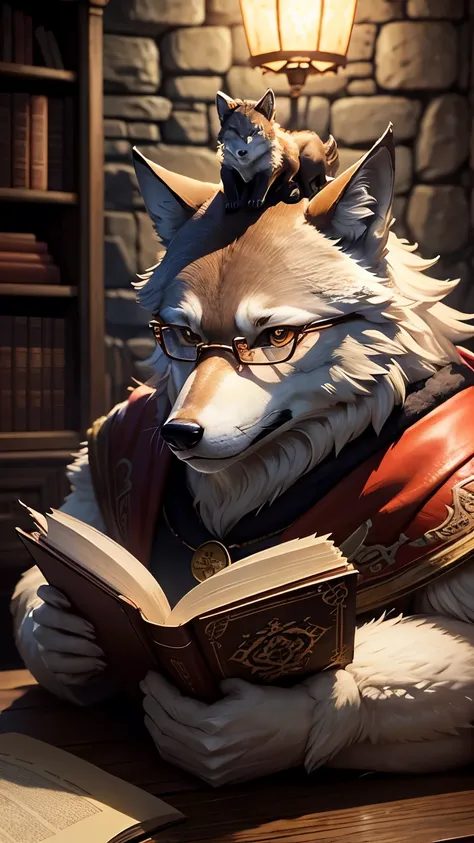 highest quality。masterpiece。detailed details。(１Wolf on the head)。read an old leather bound book。wears round glasses on the tip of his nose。Lamp light。The background is a study with a stone wall.。