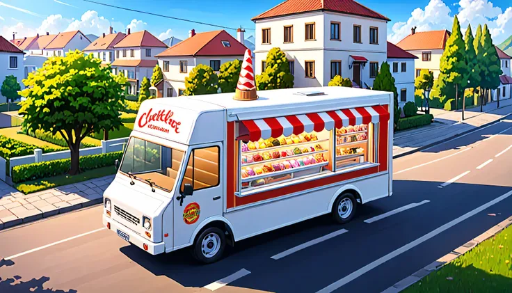 Icecream white truck with design moving slowly on a house colony, isolated road,bell,best quality, masterpiece,16k, view from window,, best quality,