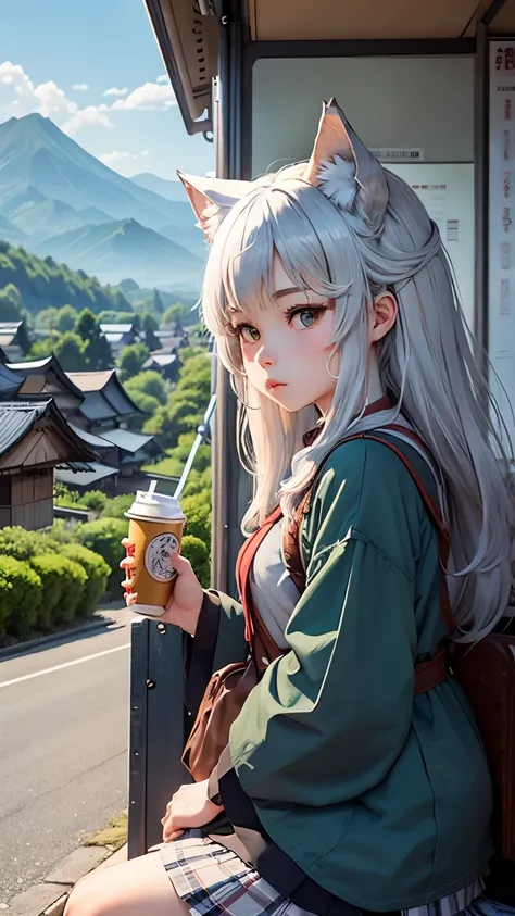 highest quality。masterpiece。detailed details。A wolf disguised as a Japanese high school girl。wolf ears。wolf tail。Drink canned coffee deliciously。At a bus stop in a rural Japanese town。The background is green mountains, blue sky and white clouds。