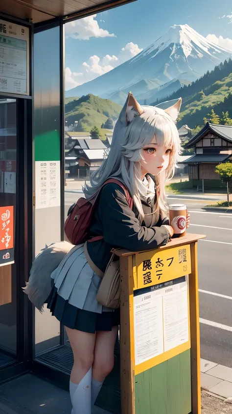 highest quality。masterpiece。detailed details。A wolf disguised as a Japanese high school girl。wolf ears。wolf tail。Drink canned coffee deliciously。At a bus stop in a rural Japanese town。The background is green mountains, blue sky and white clouds。