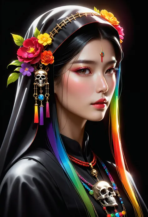 (best quality,4k,8k,highres,masterpiece:1.2), ultra-detailed, (realistic,photorealistic,photo-realistic:1.37), 1nun, Asian face, long neck, side lighting, half-shadow, and rainbow light, black background, (polished metal skull necklace pendant), rainbow, v...