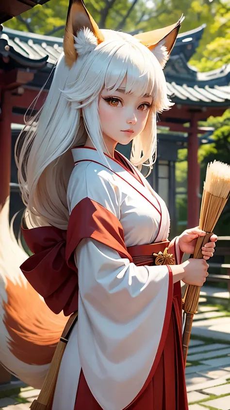 highest quality。masterpiece。detailed details。A fox disguised as a Japanese girl。fox ears。fox tail。fox hair。white kimono。Scarlet Hakama。Cleaning with a bamboo broom。The background is the precincts of the Japan shrine。