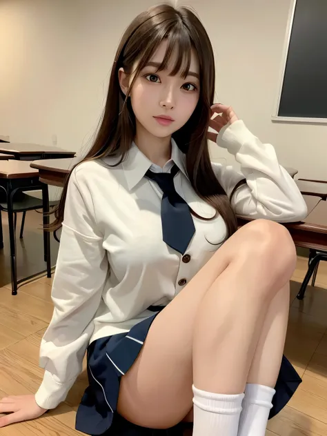 8k,highest quality, masterpiece, super detailed, 超High resolution, realistic, RAW photo, disorganized, absolute resolution, 1 girl, whole body ,young beautiful japanese woman, super cute face, glamorous look, big breasts , long bob hair , (school uniform :...