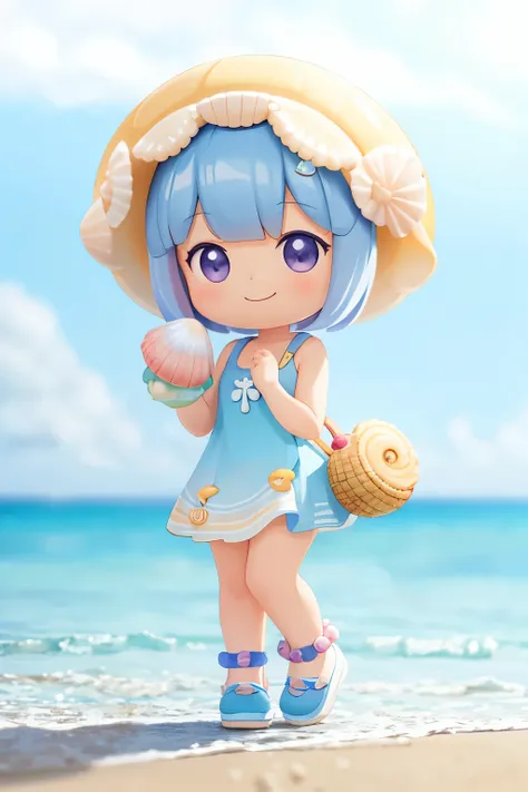 photoreal、whole body、chibi girl、seashell accessories、smile、cute shoes、picking up shells