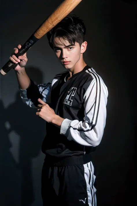 realistic photography, 8k ,handsome tomboy ,hold a baseball bat.. , wear a tracksuit..